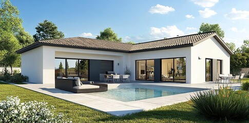 Fototapeta premium Modern country house with a terrace and swimming pool, garden furniture near glass doors to the living room of a modern home exterior in the city, an open-air place concept. Realistic 3D rendering