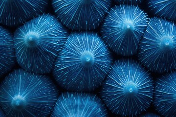 Close-up view of numerous vibrant blue mushrooms, exhibiting intricate radial patterns.