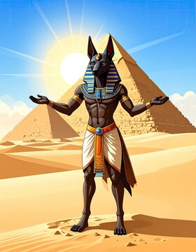 Digital artwork featuring a jackal-headed deity with open arms in front of ancient pyramids under the sun in a desert setting.