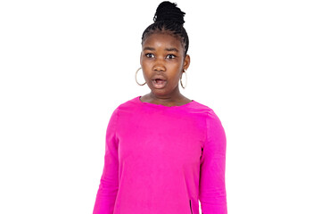 Young African woman standing surprised.