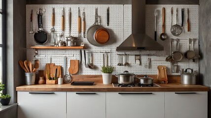 Interior of kitchen with modern counters and pegboards with utensils.