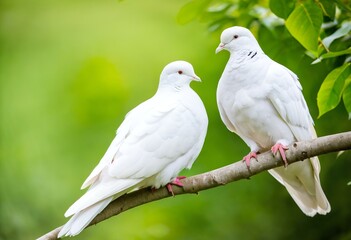 Obraz premium Two white birds sitting on a tree branch.