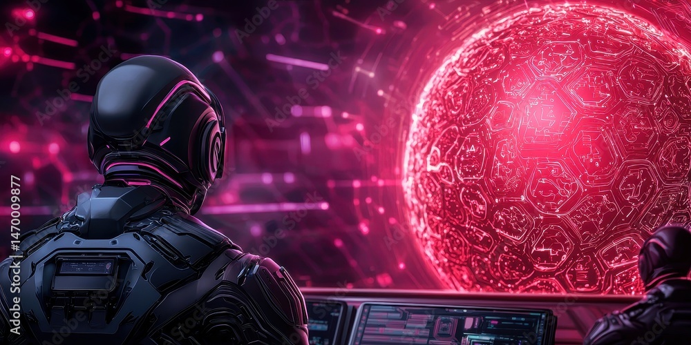 Poster a futuristic figure in advanced armor observes a glowing, high-tech red orb in a sci-fi control room