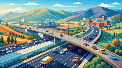 Naklejka premium Aerial view of a busy Interstate 680 with cars moving through a suburban area with mountains in the background, Dublin, California, USA. Illustrates transportation and urban planning