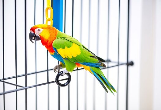 Two colorful parrots sitting on a perch in a cage.