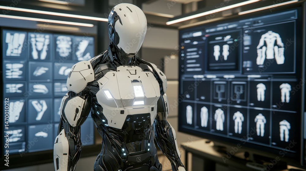 Poster Futuristic humanoid robot stands in a high-tech lab, surrounded by digital screens displaying robotic anatomy and design schematics.