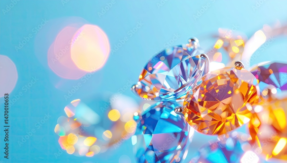 Poster Close-up view of dazzling gemstones in various colors with a shallow depth of field against a light blue background, creating a sparkling effect.