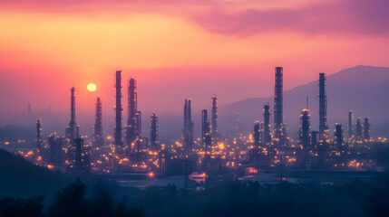 Naklejka premium Industrial plant silhouetted against a colorful sunset sky over a hilly landscape.