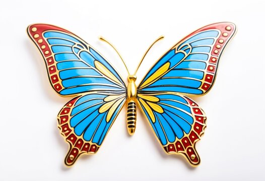 A yellow and blue butterfly on a white surface.