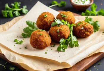 A wooden cutting board topped with meatballs covered in parsley.