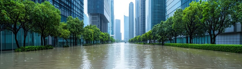 Fototapeta premium Flooded urban landscape with high-rise buildings and green trees along flooded street after heavy rainstorm