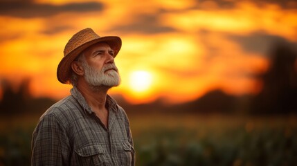 Fototapeta premium Mature man contemplating the setting sun in a field.