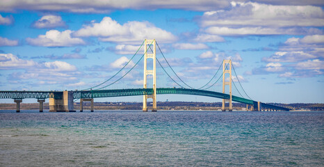 Mackinac Bridge Flyover Summer Aerial with Turquoise Waters