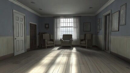 Interior scene of a dimly lit room with sunlight streaming in.