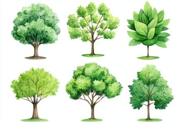 Fototapeta premium Six varieties of green trees and leaves in watercolor illustrations for nature and environment concepts