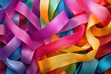 Colorful ribbons in various shades create a vibrant texture.