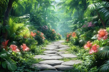 Sun-drenched jungle path. Lush tropical flora borders a stone pathway