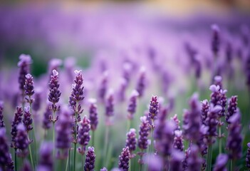 Obraz premium Soft purple lavender field, blurred background, dreamy bokeh effect, wellness, wallpaper