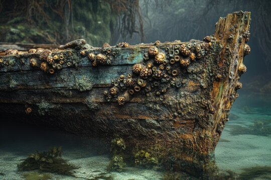 Sunken wooden boat, heavily encrusted with barnacles, rests underwater in a tranquil scene.