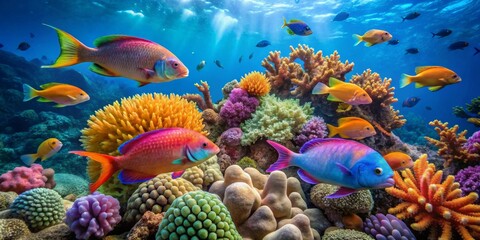 Vibrant Reef Ecosystem Showcasing Diverse Coral Formations and a School of Colorful Tropical Fish Swimming in a Sunlit Underwater Paradise