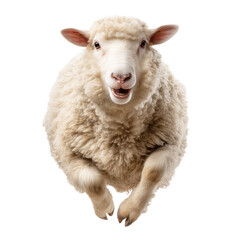 Fototapeta premium Happy Sheep in Mid-Air Leap: A Fluffy Farm Animal Portrait , isolated on white background png