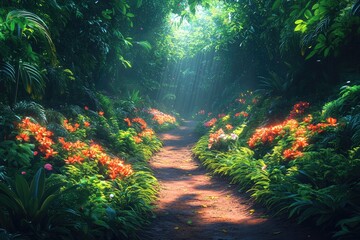 Obraz premium Lush path through a vibrant tropical forest. Sunlight filters through the canopy, illuminating a pathway lined with colorful flowers and lush greenery