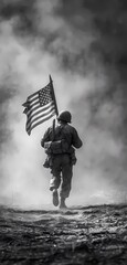 Fototapeta premium Veterans Day graphic material Patriotic American Flag and Military Memorabilia, American flag watercolor, Military boots silhouette, Soldier tribute