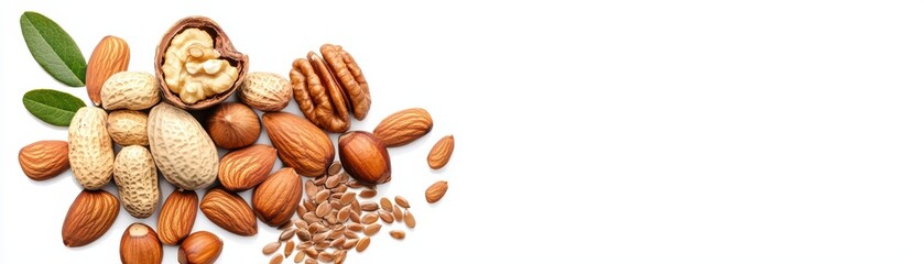 Assorted nuts and seeds on white background for healthy lifestyle and nutritional content reflection