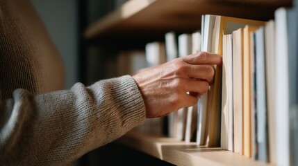 Obraz premium A person selecting a book from a wooden bookshelf in a cozy, warmly-lit room.