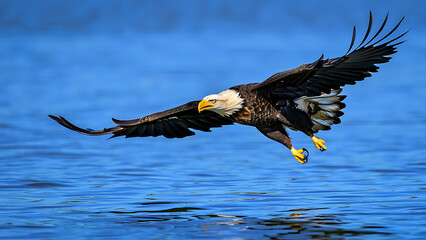 Obraz premium Bald Eagle Soaring Over a Calm Lake with Snow-Capped Mountains in the Background