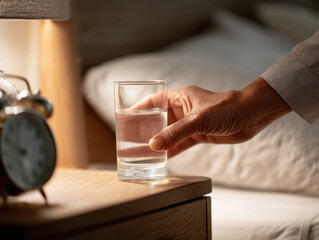 Hand reaching for a glass of water on a bedside table at night.
