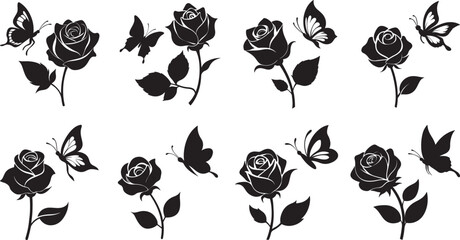 set of rose and butterfly silhouette, black and white silhouette, vector and illustration