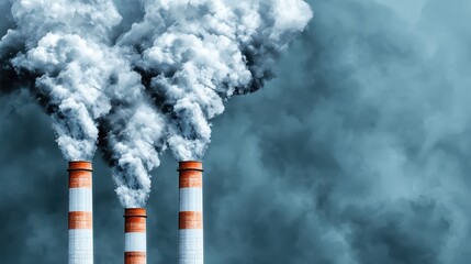 Industrial smoke stacks emitting thick white smoke against a gloomy sky highlighting air pollution concerns