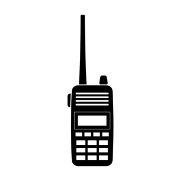 Walkie Talkie Radio Silhouette Vector Illustration. Black silhouette of a walkie talkie radio with a long antenna, a keypad with multiple buttons, a small screen, and side knobs.