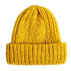 Vibrant Yellow Knitted Beanie: Cozy Winter Fashion Accessory , isolated on white background png
