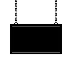 Hanging Signboard with Chains Black and White Vector Illustration. Minimalistic vector of a rectangular signboard hanging from two metal chains.