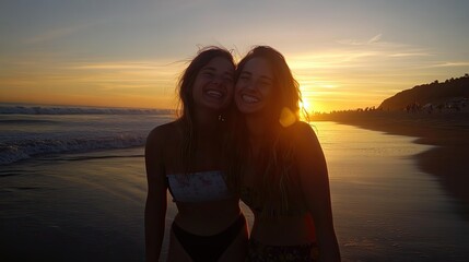 Two smiling young women embrace on a beach during sunset.