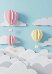 Paper balloons and clouds on blue background