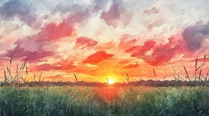 Fototapeta premium Colorful sunset over a field of grass.
