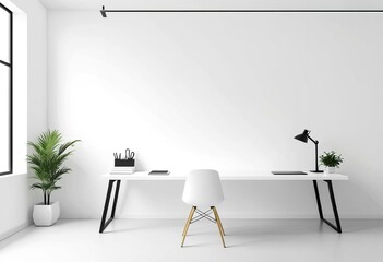 A white desk with a lamp and a plant in a room.