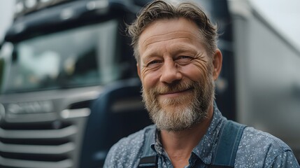 Friendly smiling german truck driver with a beard standing proudly before his vehicle in a beautiful outdoor setting
