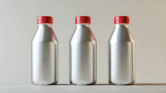 A 4K photo of 4K photo of aluminum bottle with red cap stands.