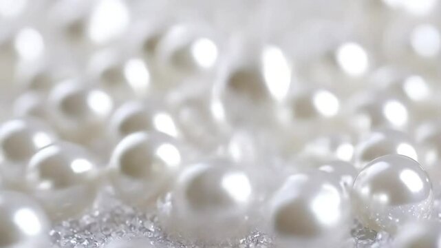 Many beautiful pearls lying on a sparkling surface create a luxurious, elegant background