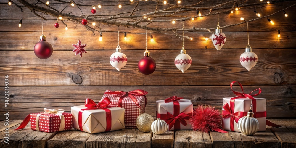 Aufkleber rustic christmas scene with elegant gifts and ornaments hanging from a branch with warm lighting