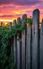 Wooden fence with vines growing on it. The fence is old and has a weathered look
