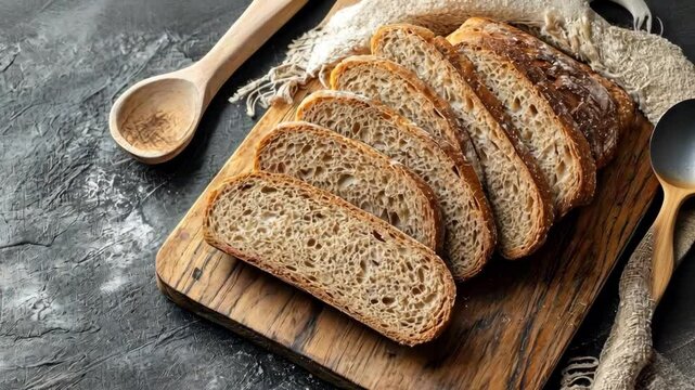 Slices of freshly baked bread resting on a wooden cutting board, accompanied by a wooden spoon, evoke a sense of wholesome, rustic charm