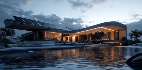 Obraz premium Modern house with solar panels on the roof and a swimming pool in front of it, evening light, photo-realistic, high-resolution photography. generative ai