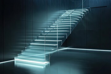 A minimalist staircase with glass railings and glowing step lighting
