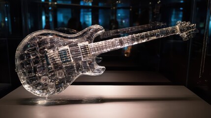 Crystal Electric Guitar in Glass Display Case, Artistic Musical Instrument Exhibition with Modern Design and Light Reflection.