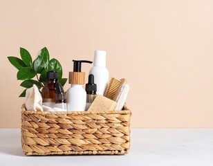 A woven basket brimming with an array of natural skincare products, including organic lotions, essential oils, and herbal soaps, all beautifully arranged.